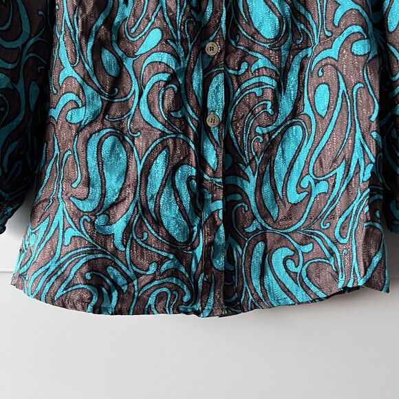 Trina Turk Shirt Womens Petite Brown Teal Silk Jacquard Button Blouse 3/4 Sleeve - Picture 4 of 12